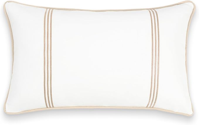 Hofdeco Premium Fall Coastal Patio Indoor Outdoor Lumbar Pillow Cover Only, 12"x20" Water Repellent for Backyard, Couch, Neutral Tan Embroidered Vertical Line