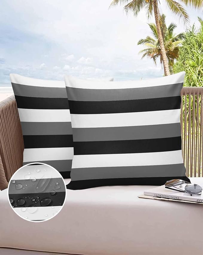 Pack of 2 Modern Stripes Outdoor Pillow Waterproof Covers 20x20 inch, Black Gray White Polyester Throw Pillow Covers Garden Cushion Decorative Case for Patio Couch Decoration