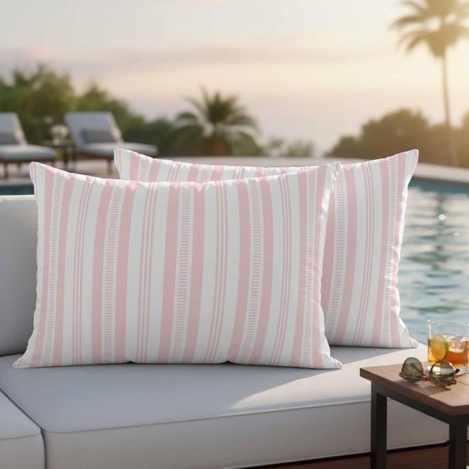 Pink Striped Outdoor Waterproof Pillow Covers, Farmhouse Stripes Modern Geometric Decorative Rectangle Throw Pillowcase Sofa Cushion Sham for Patio/Couch/Chair, 20"x12" 2 Pack