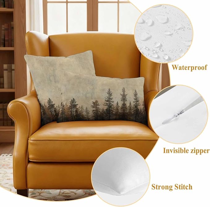 Outdoor Waterproof Pillow Covers 18x18Inch Vintage Forest Pine Tree Plant Throw Pillowcases for Patio Garden Couch Sofa Retro Natural Wild Scenery Decorative Cushin Case,Pack of 2
