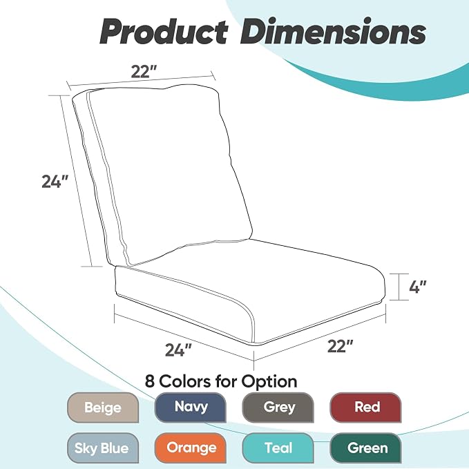 Luxury 22*24*4in Outdoor Patio Cushions, 2 Pieces Beige Outdoor Cushion | Water-Resistant, Reversible, Removable Cover, Stain-Resistant, for Patio Chairs Sofa Couch Loveseat