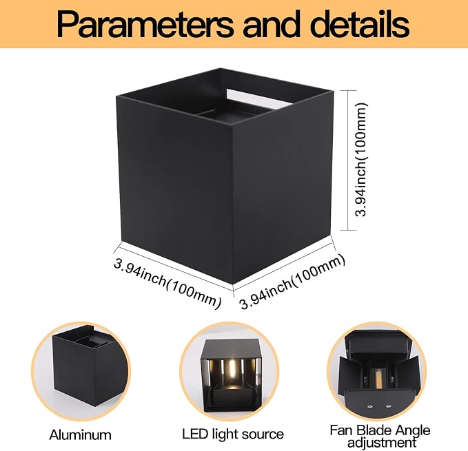 Mille Lucciole 2 Pack LED Outdoor Wall Lights Exterior/Interior, Up and Down Lights IP65 Waterproof Wall Sconces, Square Aluminum Outdoor Wall Lighting Fixtures, Modern Black 12W 6500K Cold Lights