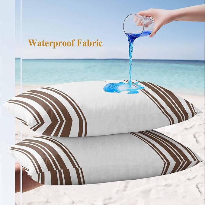 Outdoor Waterproof Throw Pillow Covers Set of 2 Brown Stripes Lumbar Pillowcases 20x12 Inches White Vertical Striped Decorative Pillows Cushion Case Patio Pillows for Couch Bed Chair Garden