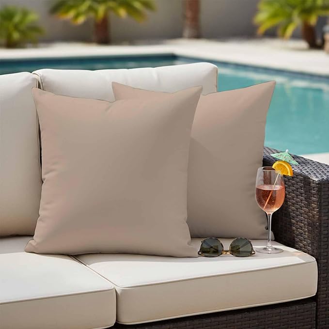 Outdoor Pillow Covers 16 x 16 Inches, Beige Solid Color Waterproof Throw Pillow Cover Set of 2, Aesthetics Contemporary Luxury Decorative Square Cushion Covers for Patio/Couch/Garden