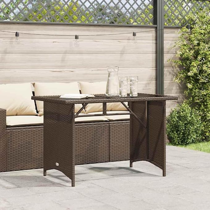 Brown PE Rattan Outdoor Table with Glass Top for Patio Dining, Small Space Outdoor Dining Table 43.3 x 26.8 in
