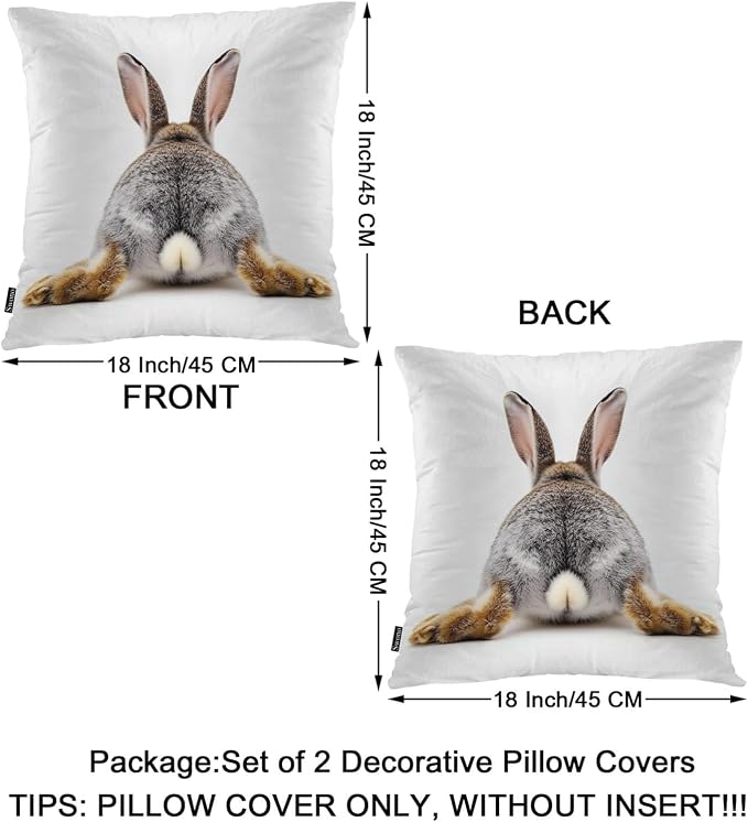 Swono Rabbit Square Pillow Covers Cushion Covers, Funny Bunny Tail 18 X 18 Inch Set of 2 Throw Pillow Cover Gray Rabbit Pillowcases Home Decorative for Couch Sofa Car Bedroom, No Insert