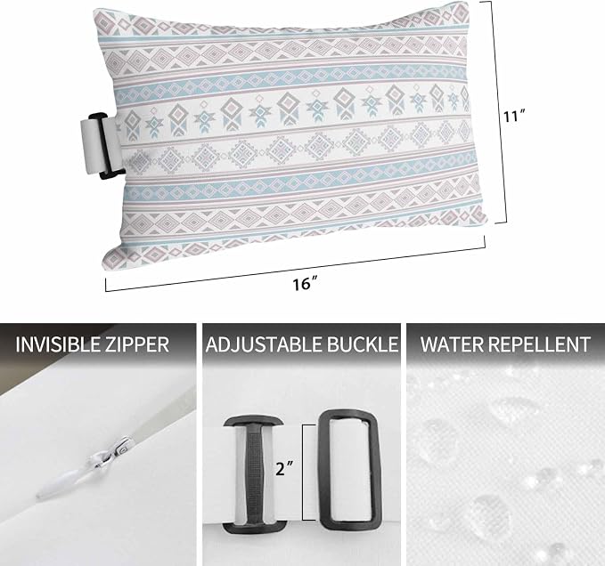 Outdoor Lumbar Pillow Set of 2, Pink Blue Boho Striped Waterproof Beach Headrest Pillow with Inserts, Southwestern Ethnic Tribe Vintage Recliner Throw Pillows for Patio Furniture, 11 x 16