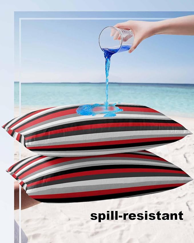 Pack of 2 Red Black Grey Stripes Outdoor Pillow Waterproof Covers 20x12 inch, Geometric Mexican Style Polyester Throw Pillow Covers Garden Cushion Decorative Case for Patio Couch Decoration