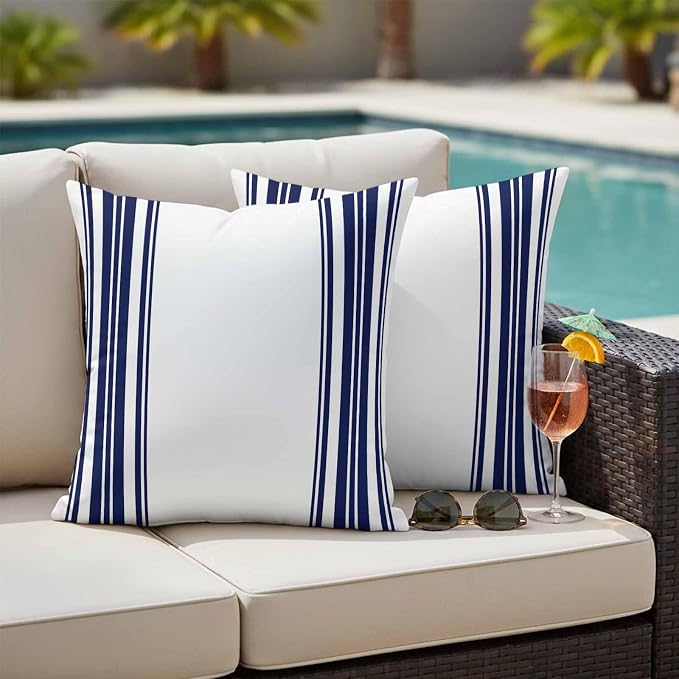 Outdoor Waterproof Throw Pillow Covers Set of 2 Navy Blue Stripes Pillowcases 20x20 Inches White Vertical Striped Decorative Pillows Cushion Case Patio Pillows for Couch Bed Chair Garden