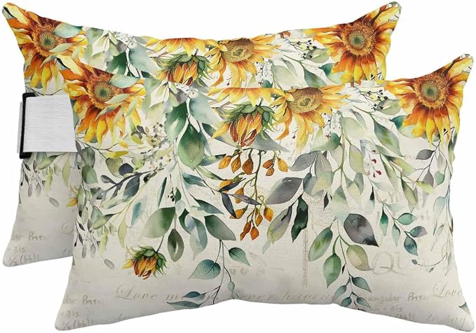 Lumbar Pillow Covers Set of 2, Sunflowers Waterproof Outdoor Chaise Lounge Pillow Covers with Elastic Strap, Spring Floral Eucalyptus Leaves Summer Botanical Headrest Pillowcase for Patio, 12 x 20