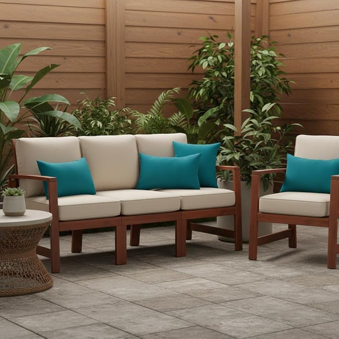 Set of 2 Outdoor Throw Pillows 19 x 12 Inch – Reversible Rectangle Patio Accent Pillows – Weather-Resistant Polyester Fabric – Eco-Friendly Recycled Polyfiber Fill – Peacock