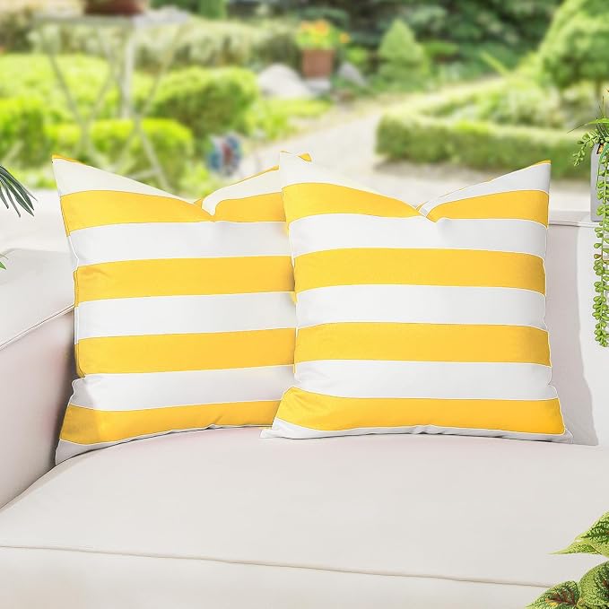 Lewondr 2 Pack Outdoor Throw Pillow Covers, 20"x20", Yellow + White | Square Stripe, Waterproof, For Outdoor Patio Porch Farmhouse Garden Balcony Couch, 50x50cm