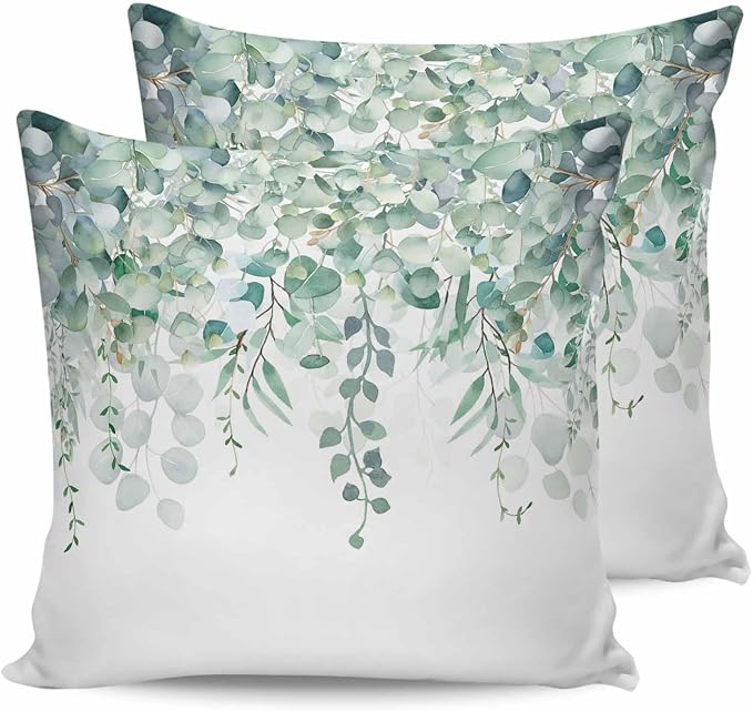 Eucalyptus Leaves Outdoor Pillow Covers Pack of 2, Watercolor Green Plants Waterproof Pillow Covers Seasonal Spring Summer Throw Pillowcase for Patio Funiture Garden Tent, 26 x 26 inch