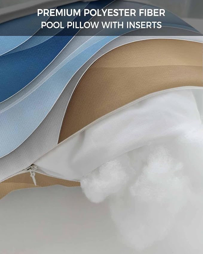 Ombre Blue Cream Outdoor Pillows for Chaise Lounge Chair, Modern Geometric Waterproof Lumbar Head Support Pillow with Adjustable Elastic Band for Pool Patio Furniture Decorative