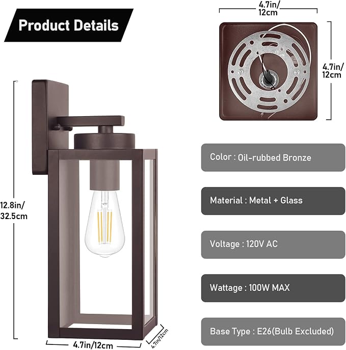 BesLowe Outdoor Wall Light Fixtures, Oil-Rubbed Bronze Wall Lanterns | Waterproof Metal Construction, Rust-resistant, Quick & Easy Installation, Clear Glass Shades & Standard E26 Socket