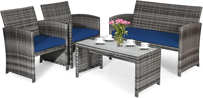 HAPPYGRILL 4-Piece Patio Conversation Set with Soft Cushions Rattan Furniture Set with PE Wicker Coffee Table & Sofa Chairs for Garden Poolside Porch Backyard