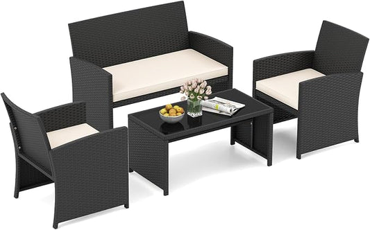 HAPPYGRILL 4 Piece Rattan Wicker Patio Conversation Set, Outdoor Furniture with Chair Loveseat Table & Cushion, for Backyard Porch Balcony (1, Black & Off White)