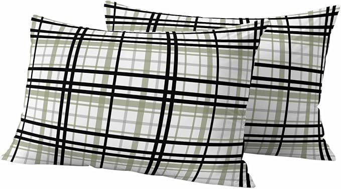 Abstract Stripes Outdoor Pillow Covers Set of 2 Sage Green Black Grey Plaid Waterproof Throw Pillow Cover Decorative Cushion Cases for Patio Porch Garden 20X12 Inch