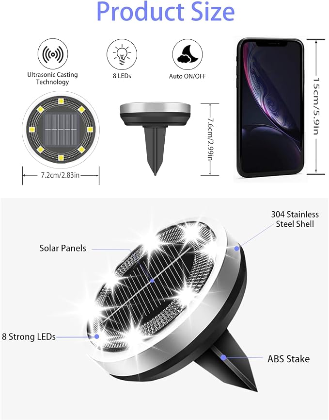 Solar Lights Outdoor Waterproof, 18 Pack 8 LED, Thickened Stainless Steel Ground Light, Solar Garden Lights Landscape Lighting for Patio Pathway Lawn Yard Deck Driveway Walkway, Cool White