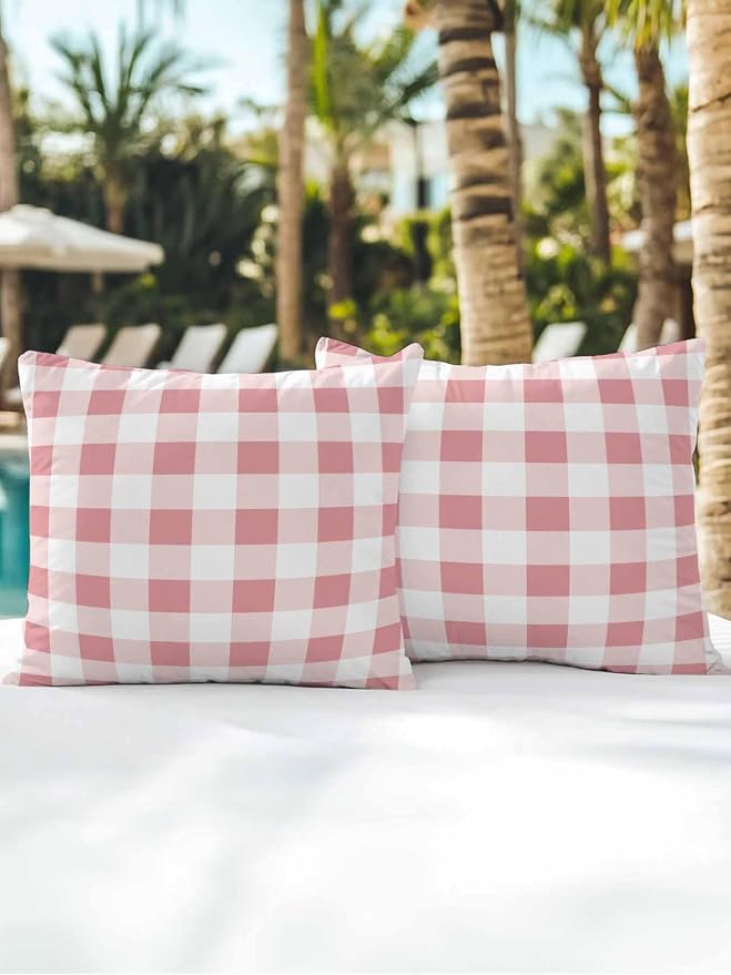 Waterproof Outdoor Pillow Set of 2 Pink Buffalo Plaid Decorative Throw Pillows Cover & Insert 18x18 Inch Pillowcase Check Lines Square Pillows for Couch Sofa Bed Patio Furniture Indoor Outdoor