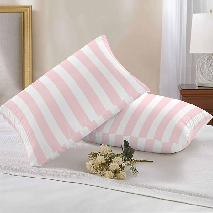 Pink Striped Outdoor Waterproof Throw Pillow Covers 20x12 Set of 2, Modern Farmhouse Pink White Stripes Decorative Pillowcases Cushion Pillowcase for Couch Sofa Patio Outside Pillow Protector