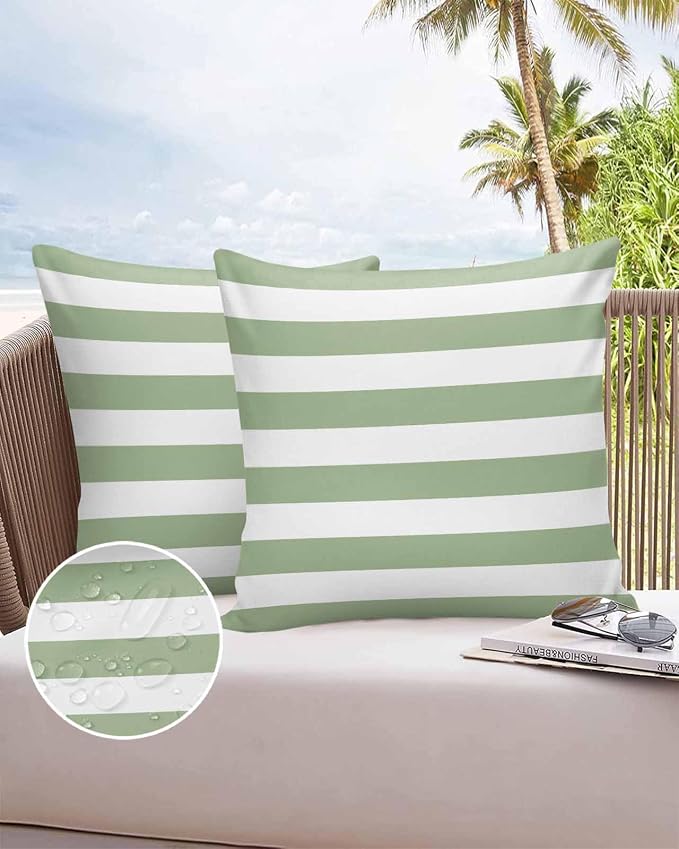 Outdoor Pillows 16x16 Waterproof Outdoor Pillow Covers Spring Stripes Green Polyester Throw Pillow Covers Garden Cushion Decorative Case for Patio Couch Decoration Set of 2 Sage Green