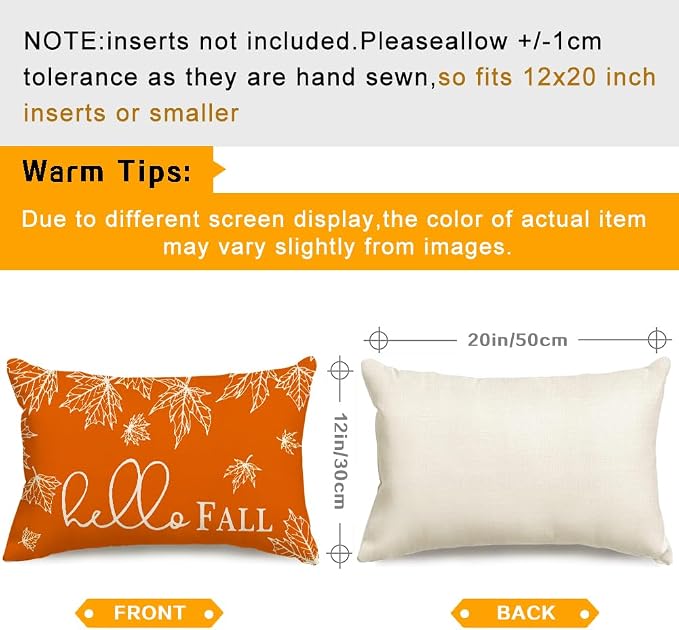 RABUSOFA Fall Pillow Covers 12x20 Inch Set of 2 Thanksgiving Autumn Orange Hello Pumpkin Maple Leaf Lumbar Harvest Outdoor Throw Cushion Cases Seasonal Fall Farmhouse Decorations for Home Couch Patio
