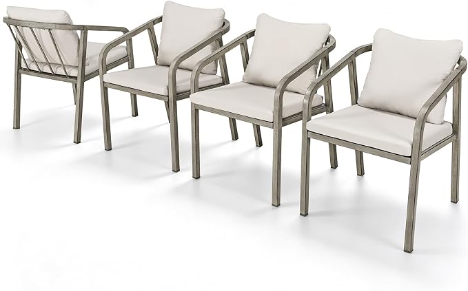 Outdoor Dining Chairs Set of 4, Never-Rust Aluminum Patio Dining Chairs with Removable Cushion, Ergonomic Patio Chairs with Wraparound Seating Design for Deck, Poolside, Commercial, Gray Oak