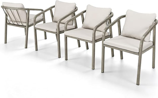 Outdoor Dining Chairs Set of 4, Never-Rust Aluminum Patio Dining Chairs with Removable Cushion, Ergonomic Patio Chairs with Wraparound Seating Design for Deck, Poolside, Commercial, Gray Oak
