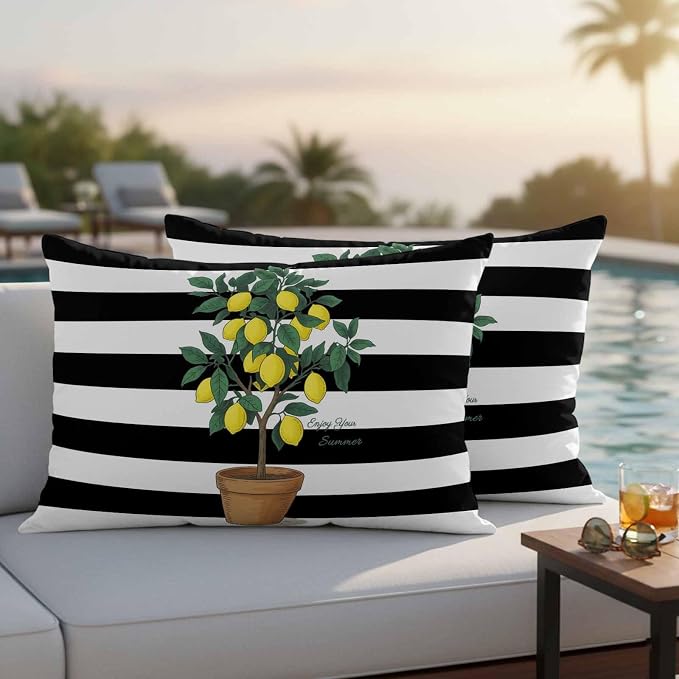 Summer Lemons Outdoor Waterproof Pillow Covers Set of 2, Yellow Fruit Leaf Black White Striped Abstract Pillowcase Decorative Throw Cushion Cases for Patio Garden Couch 20 x 12 Inches