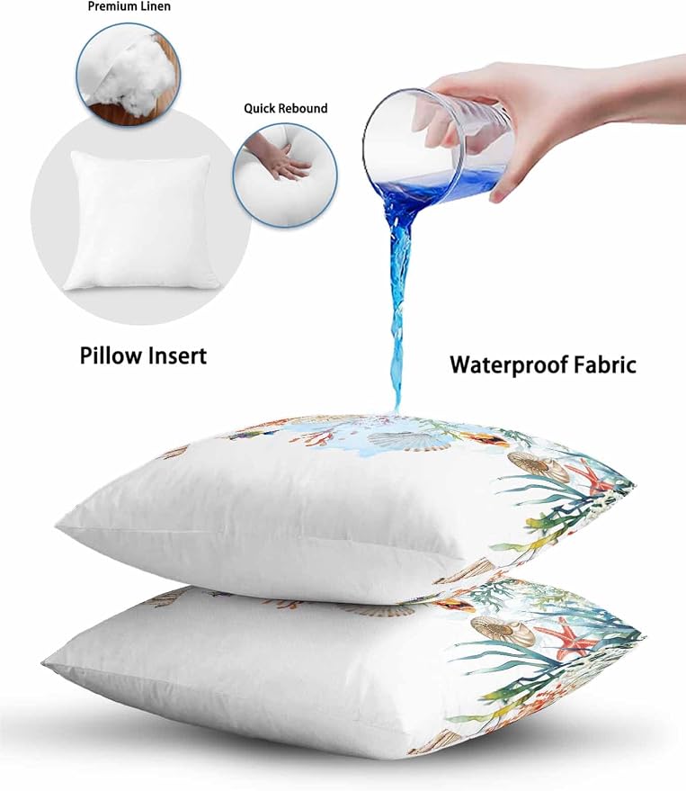 Outdoor Waterproof Throw Pillows Summer Colorful Coral Shell Conch Patio Pillows Pack of 2,Decorative Pillow Covers with Insert,Pillow Cushion Case for Garden Couch Sofa Sea Starfish Fish Marine Life