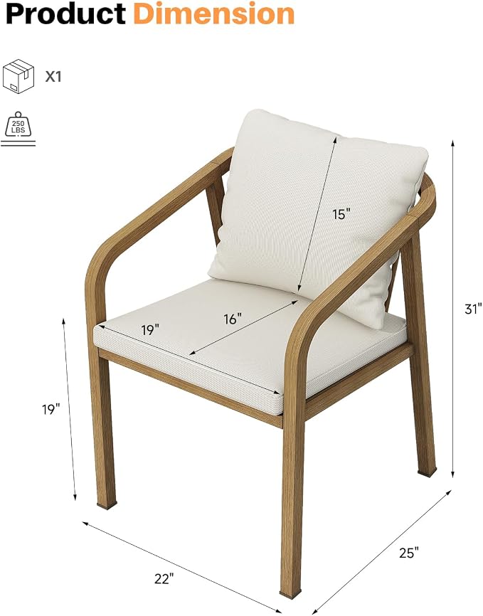 Outdoor Dining Chairs Set of 4, Never-Rust Aluminum Patio Dining Chairs with Removable Cushion, Ergonomic Patio Chairs with Wraparound Seating Design for Deck, Lawn, Commercial, Garden, Teak