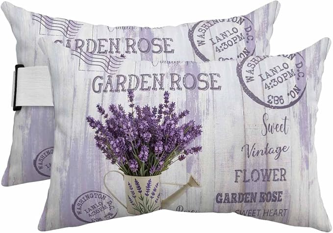 Pack of 2 Outdoor Lumbar Pillow Covers 12x20 Inch, Purple Lavender Waterproof Throw Pillow Covers Set, Vintage Farmhouse Rustic Floral Wooden Grain Outside Decorative Cushion Cases for Patio Porch Car
