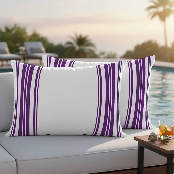 Outdoor Waterproof Throw Pillow Covers Set of 2 Purple Stripes Lumbar Pillowcases 20x12 Inches White Vertical Striped Decorative Pillows Cushion Case Patio Pillows for Couch Bed Chair Garden