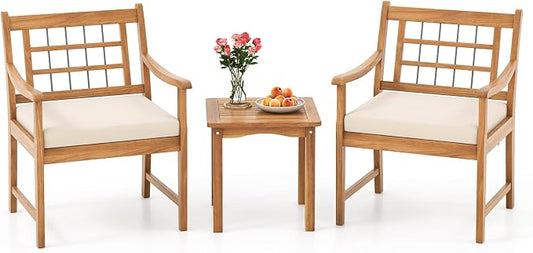 HAPPYGRILL 3 Piece Acacia Wood Patio Conversation Set, Outdoor Bistro Set with Cushions, Solid Wood Frame, 2 Armchairs & Coffee Table Set for Backyard, Porch, Poolside (Off White)