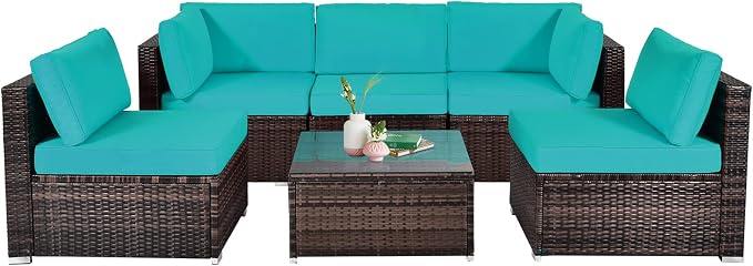 HAPPYGRILL 6 Pieces Outdoor Patio Furniture Set, PE Rattan Conversation Set with Tempered Glass Coffee Table and Cozy Cushions, Weather Resistant Sectional Sofa Set, Turquoise
