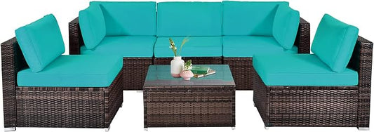 HAPPYGRILL 6 Pieces Outdoor Patio Furniture Set, PE Rattan Conversation Set with Tempered Glass Coffee Table and Cozy Cushions, Weather Resistant Sectional Sofa Set, Turquoise