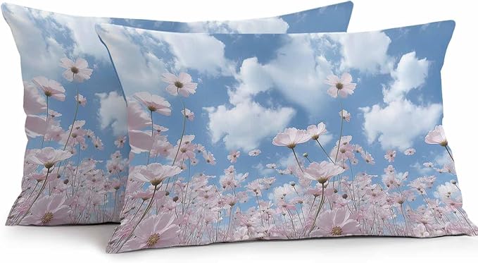 Vandarllin Outdoor Throw Pillows Covers 20x12 inch Set of 2 Waterproof Blue Sky Cloud Decorative Zippered Cushion Covers for Patio Furniture, Pink Flower Lumbar Pillowcases