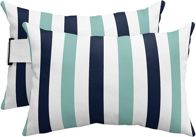 Outdoor Pillows Waterproof Covers Set of 2, Navy Blue Teal Stripes Adjustable Elastic Chaise Lounge Headrest Pillow Covers, Contrast Striped Lumbar Pillow for Pool Patio Furniture 20x12 Inch