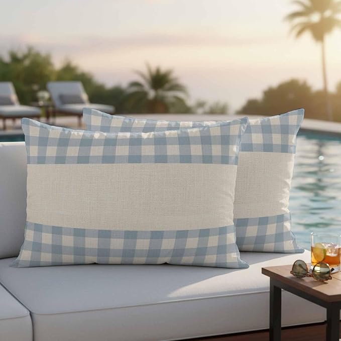Retro Blue Outdoor Waterproof Pillow Covers, Farmhouse Buffalo Plaid Vintage Beige Decorative Rectangle Throw Pillowcase Sofa Cushion Sham for Patio/Couch/Chair, 20"x12" 2 Pack