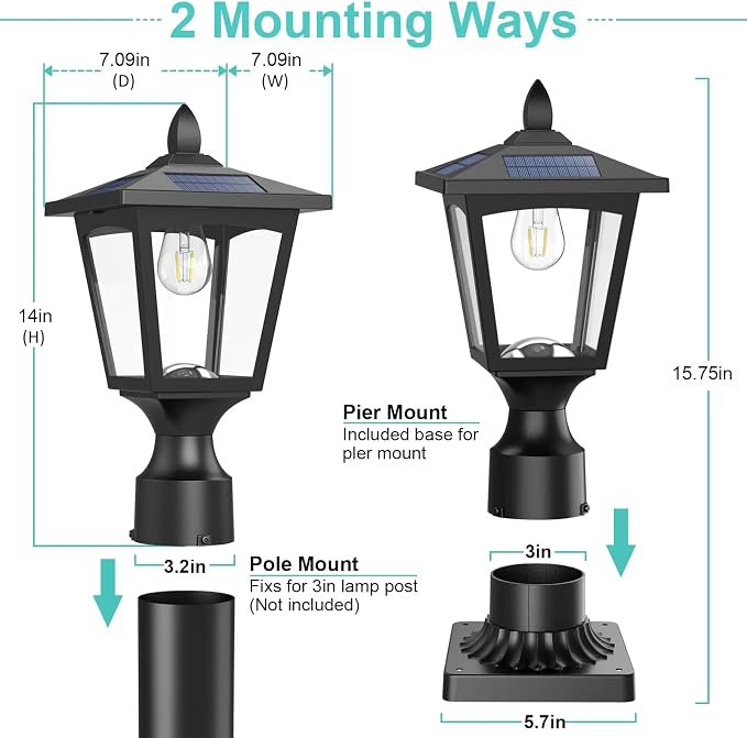 Solar Post Lights, 3000K Dusk to Dawn Solar Lamp Post Light with Pier Mount Base, Solar Post Lights Outdoor Waterproof for Garden Yard Landscape Pole Pillar, Outside Decorative Lamp(Warm White)
