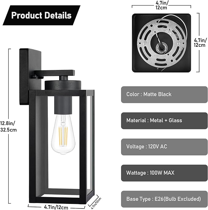 BesLowe Outdoor Wall Light Fixtures, Modern Black Exterior Wall Lanterns | Waterproof Metal Construction, Rust-resistant, Quick & Easy Installation, Clear Glass Shades & Standard E26 Socket