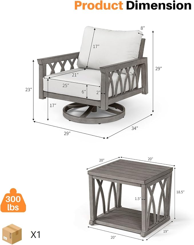 2-Piece Aluminum Outdoor Furniture Set, Swivel Patio Sofa Chair and Side Table Set, Outdoor Conversation Set with Cushions, Outside Patio Furniture Set for Garden, Balcony, Limed Oak