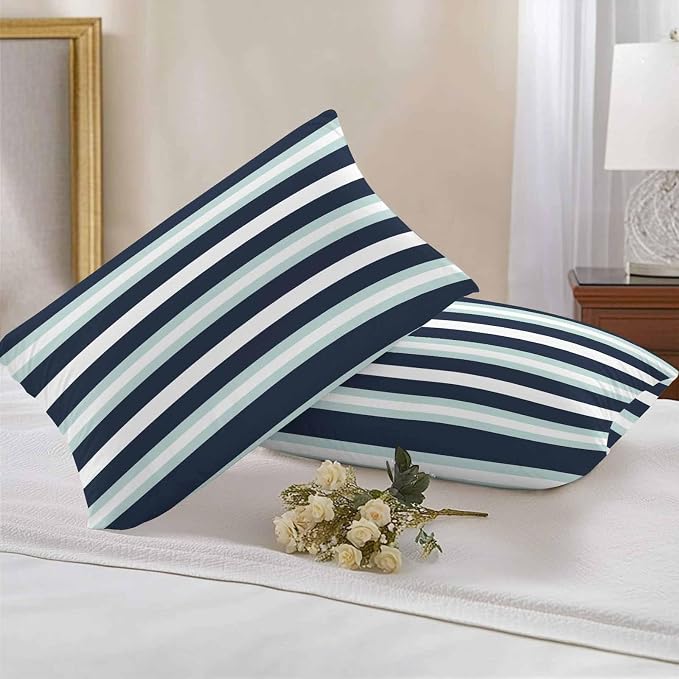 Aqua Navy Blue Striped Outdoor Pillow Covers Waterproof, All Weather Cushion Case Set of 2, Modern Abstract Lines Geometric Lumbar Pillowcase for Sofa Couch Bed Decor Patio Furniture 20"x12"