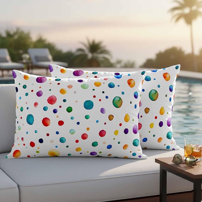 Color Polka Dot Outdoor Pillow Covers Set of 2 Abstract Watercolor Bubbles Modern Waterproof Throw Pillow Cover Decorative Cushion Cases for Patio Porch Garden 20X12 Inch
