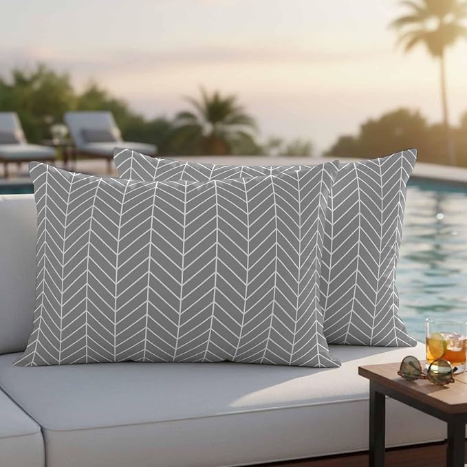 Outdoor Waterproof Throw Pillow Covers Set of 2 Grey Chevron Stripes Lumbar Pillowcases 20x12 Inches Modern Geometric Texture Decorative Pillows Cushion Case Patio Pillows for Couch Bed Chair Garden