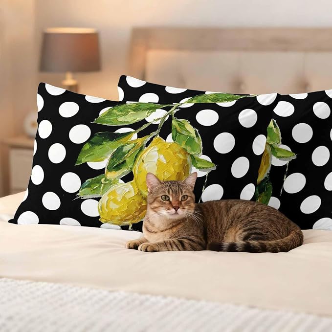 Waterproof Pillow Covers Set of 2,Farmhouse Yellow Lemon Green Leaf Outdoor Pillow Protectors with Zipper Pillowcases for Patio Tent Garden Beach 20x12 Inches Black White Polka Dot