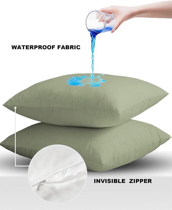 Outdoor Waterproof Pillow Covers for Patio Furniture Sage Green Decorative Throw Pillow Cover Spring Green Solid Color Pillowcases Set of 2 Cushion Case for Sofa Couch Chair Home Decor 16x16 inch