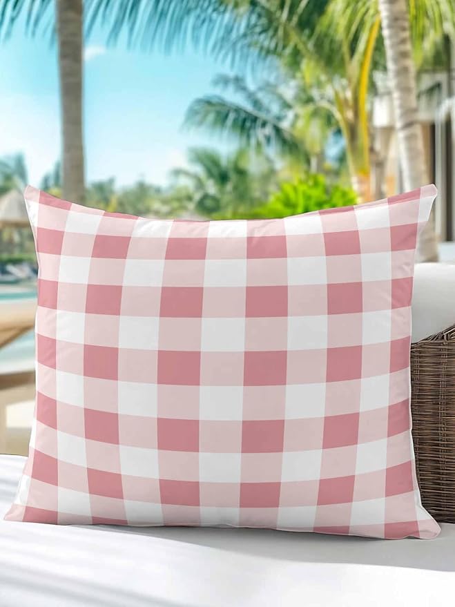 Waterproof Outdoor Pillow 1 Pack Pink Buffalo Plaid Decorative Throw Pillows Cover & Insert 18x18 Inch Pillowcase Check Lines Square Pillows for Couch Sofa Bed Patio Furniture Indoor Outdoor