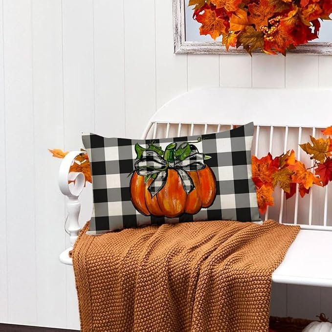 RABUSOFA Outdoor Fall Pillow Covers Waterproof 12x20 Orange Pumpkin Decor | Autumn Harvest Thanksgiving,Buffalo Plaid,Not Insert,Machine Washable,Fall Decorations for Home Sofa Patio Farmhouse